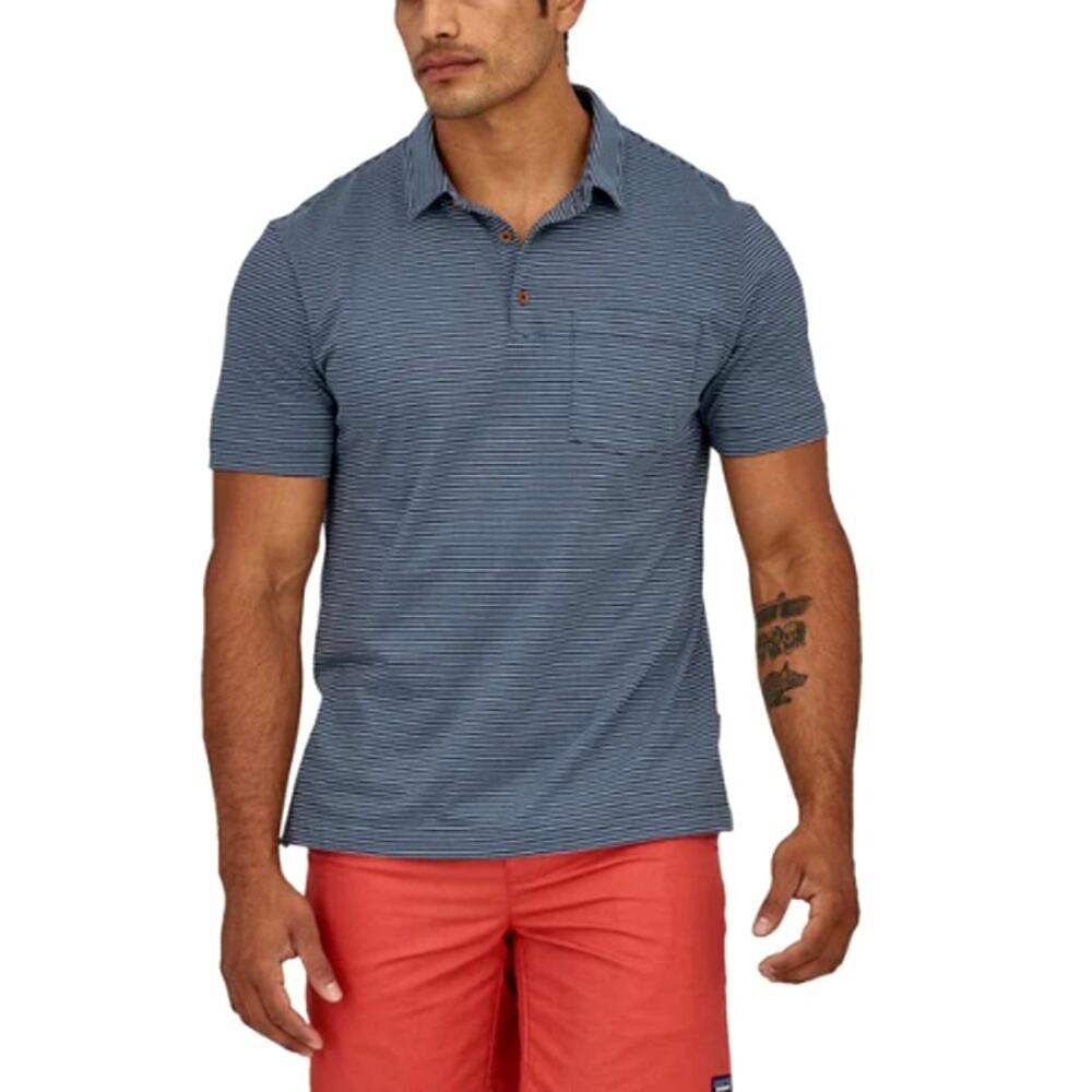Patagonia Men's Fathom Stripe New Navy Chest Pocket Daily Polo Shirt Size M